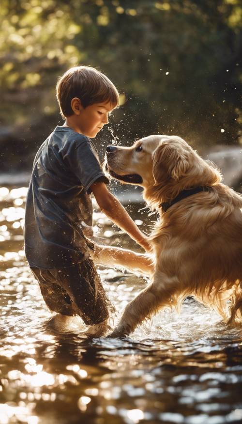 A young boy and his golden retriever splashing in a sunlit stream.