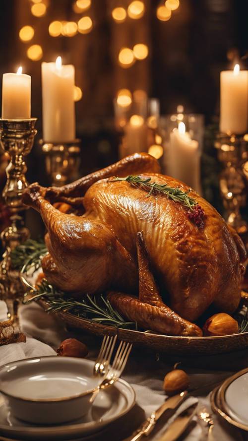 A golden turkey with crispy skin, garnished with rosemary sprigs, placed on a beautifully decorated Thanksgiving table surrounded by candlelight.