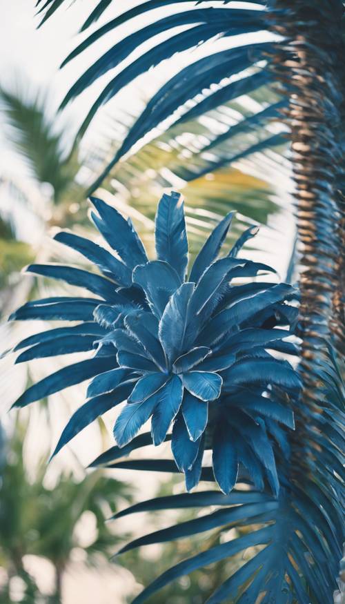Ilustracja botaniczna przedstawiająca niebieską palmę rodzącą owoce.