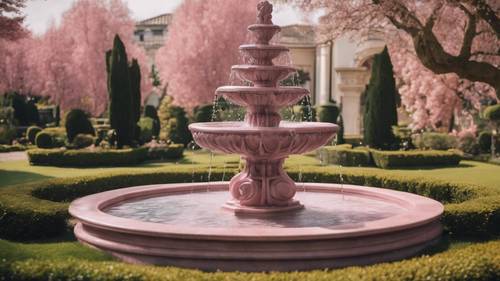 An elaborate fountain made of pink marble sitting in the center of a pristinely manicured garden.