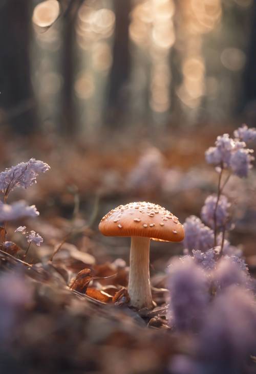 Um cogumelo laranja pastel com manchas lilás em uma floresta ensolarada.