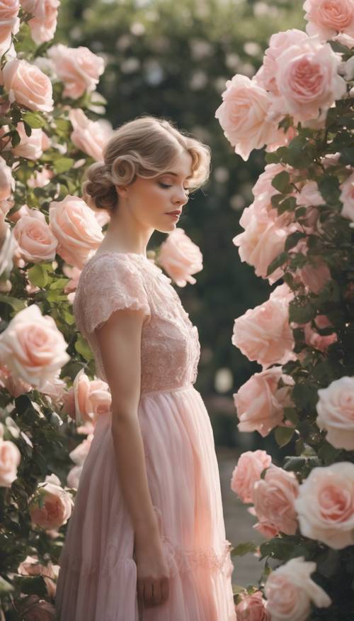 Una mujer victoriana con un vestido pastel admirando un gran jardín de rosas en plena floración.