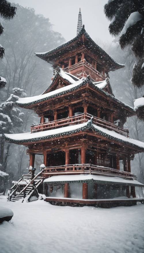 A serene Buddhist temple in the middle of a heavy snowstorm. Tapet [e1d053c07a7c4ea0a124]