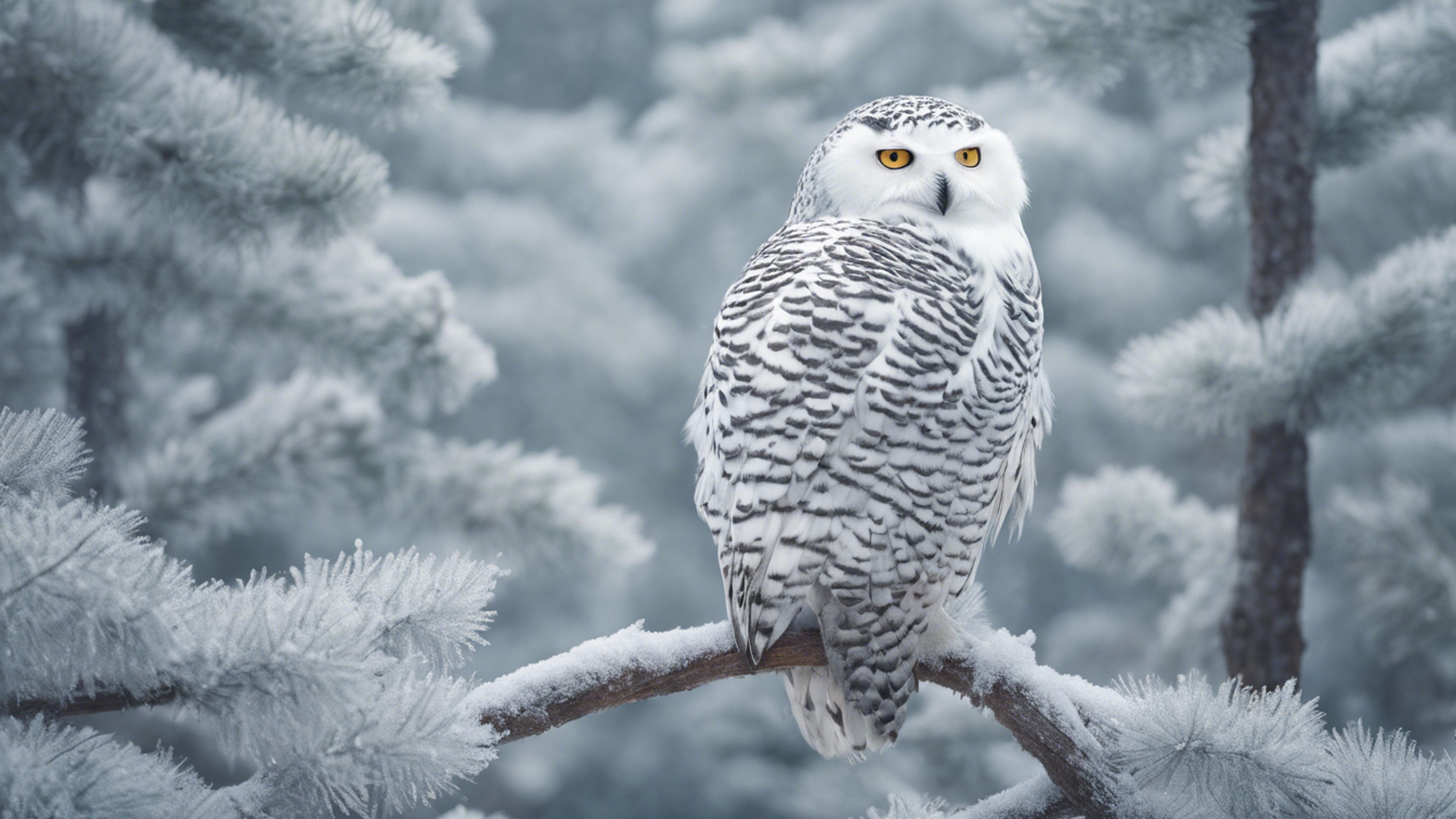 A snowy owl sitting on a frosted pine branch, blending perfectly with the winter landscape. Wallpaper[784d771c4c724fddbf78]