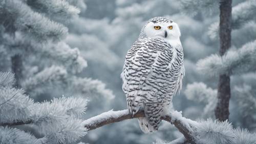 A snowy owl sitting on a frosted pine branch, blending perfectly with the winter landscape.