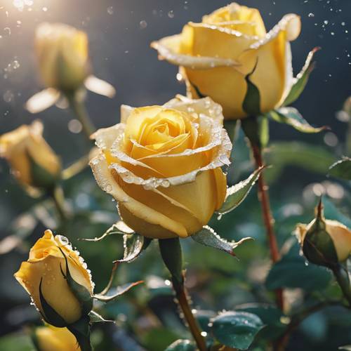 Eine frisch erblühte gelbe Rosenknospe mit Morgentau auf ihren Blütenblättern.