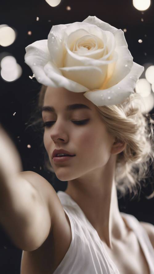 Eine weiße Rose, die im Haar einer Tänzerin steckt, während sie sich dreht.