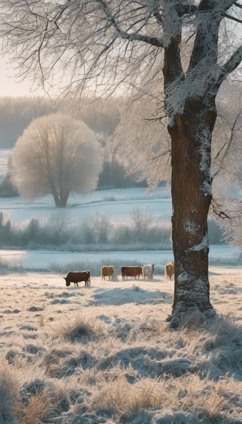 Une vue panoramique de la vie rurale en hiver, avec des vaches paissant dans le pré couvert de givre.