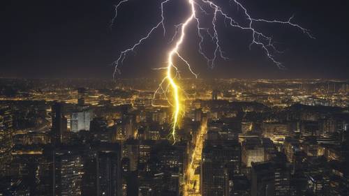 A graphical neon yellow lightning bolt striking a skyscraper in the dark.