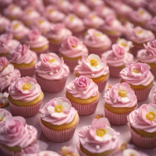 File di cupcakes rosa pastello elegantemente decorati con perle e fiori commestibili.