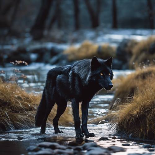 A black wolf sneaking near a tranquil stream illuminated by the silvery moonlight.