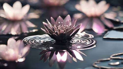A surrealist image of iridescent black petals sprouting from a rippled obsidian pond.