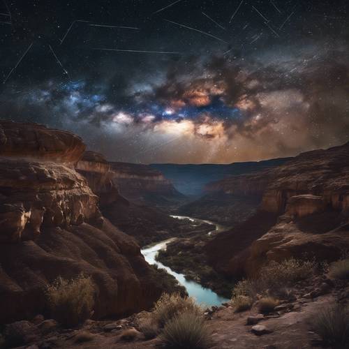 Samanyolu&#39;nun gece gökyüzüne yayıldığı bir kanyonun astro-manzarası