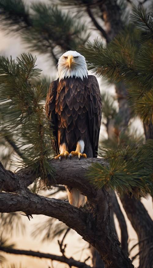 Bald eagle perched on a tall pine tree branch, scanning the horizon at dusk.