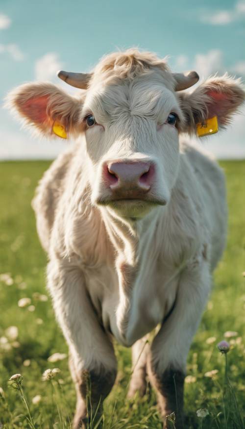 A small, cute, fluffy white cow with big eyes and rosy cheeks standing in a green meadow under a bright blue sky.