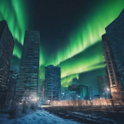 Uma cidade escura sob a aurora boreal, tingindo o horizonte com tons vibrantes de verde e azul.