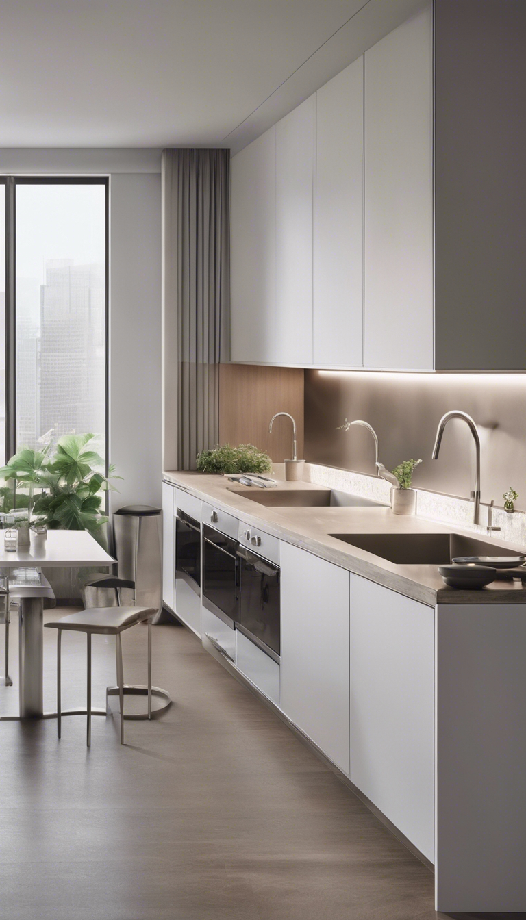A minimalist kitchen with streamlined cabinets, stainless steel appliances, and a sleek island. 牆紙[3027be6b8b134d42a8ad]