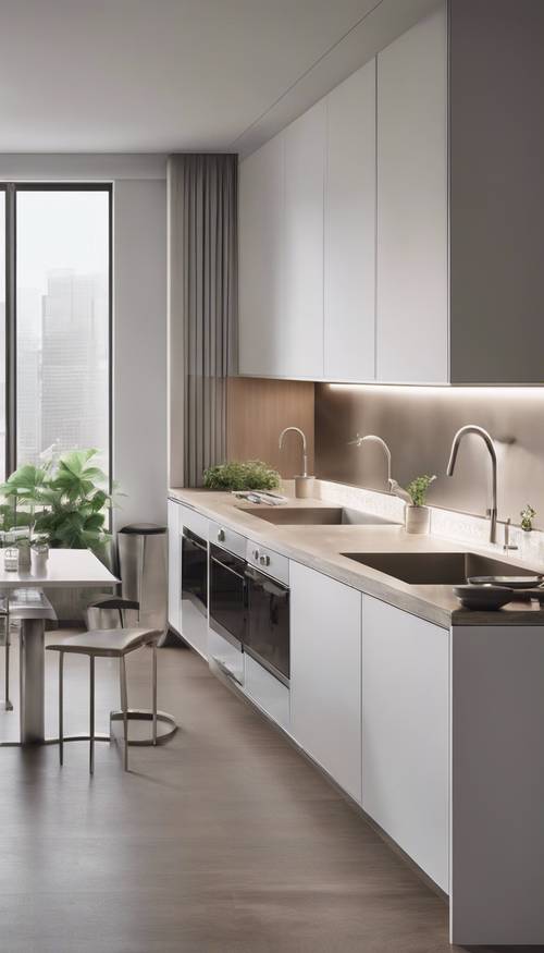 Uma cozinha minimalista com armários simples, eletrodomésticos de aço inoxidável e uma ilha elegante.