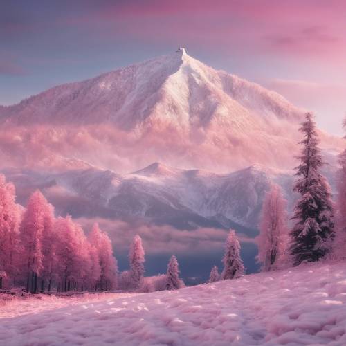 Пейзаж заснеженной горы на рассвете, небо в розовых и белых тонах.
