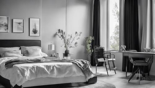 A minimalistic, elegant black and white themed bedroom with stylish decor items. Ταπετσαρία [5f400d6addef403c81f8]