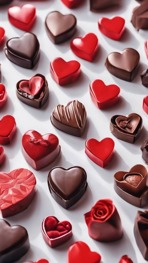 צילום מקרוב של קופסה בצורת לב אדומה בוהקת, מלאה במגוון שוקולדים, ממוקמת על משטח לבן מבריק ולידו שושנה אחת אדומה.