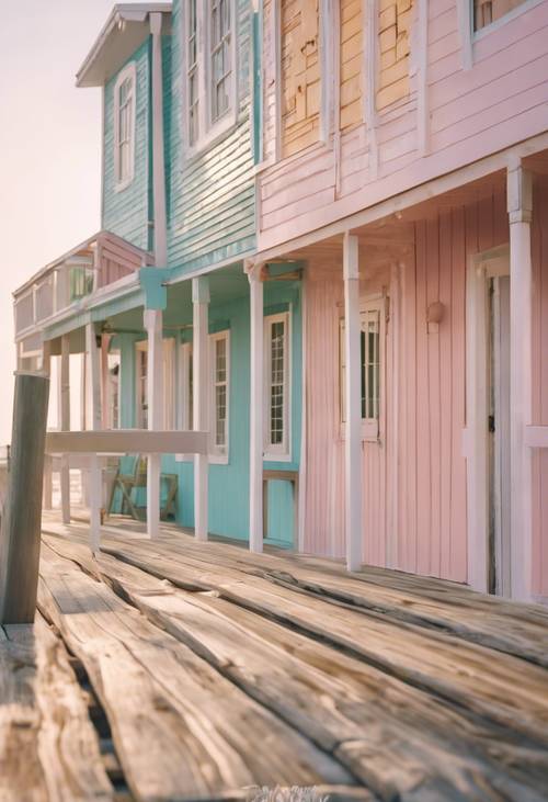 טיילת עץ וינטג&#39; על חוף הים שלאורכה בתי חוף מוכנים בצבעי פסטל.