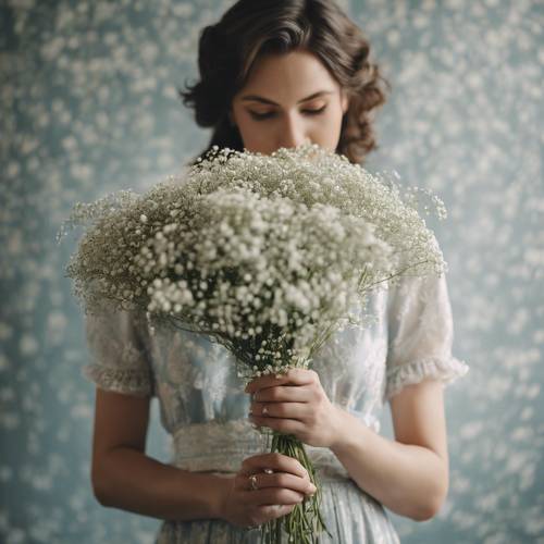 A gorgeous woman in a vintage dress holding a small bouquet of baby's breath.