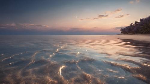 Um mar calmo que se estende infinitamente, espelhando a grandiosidade do céu estrelado.