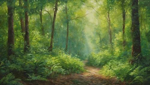 這是一幅印象派油畫，描繪了 19 世紀鬱鬱蔥蔥的森林景色。