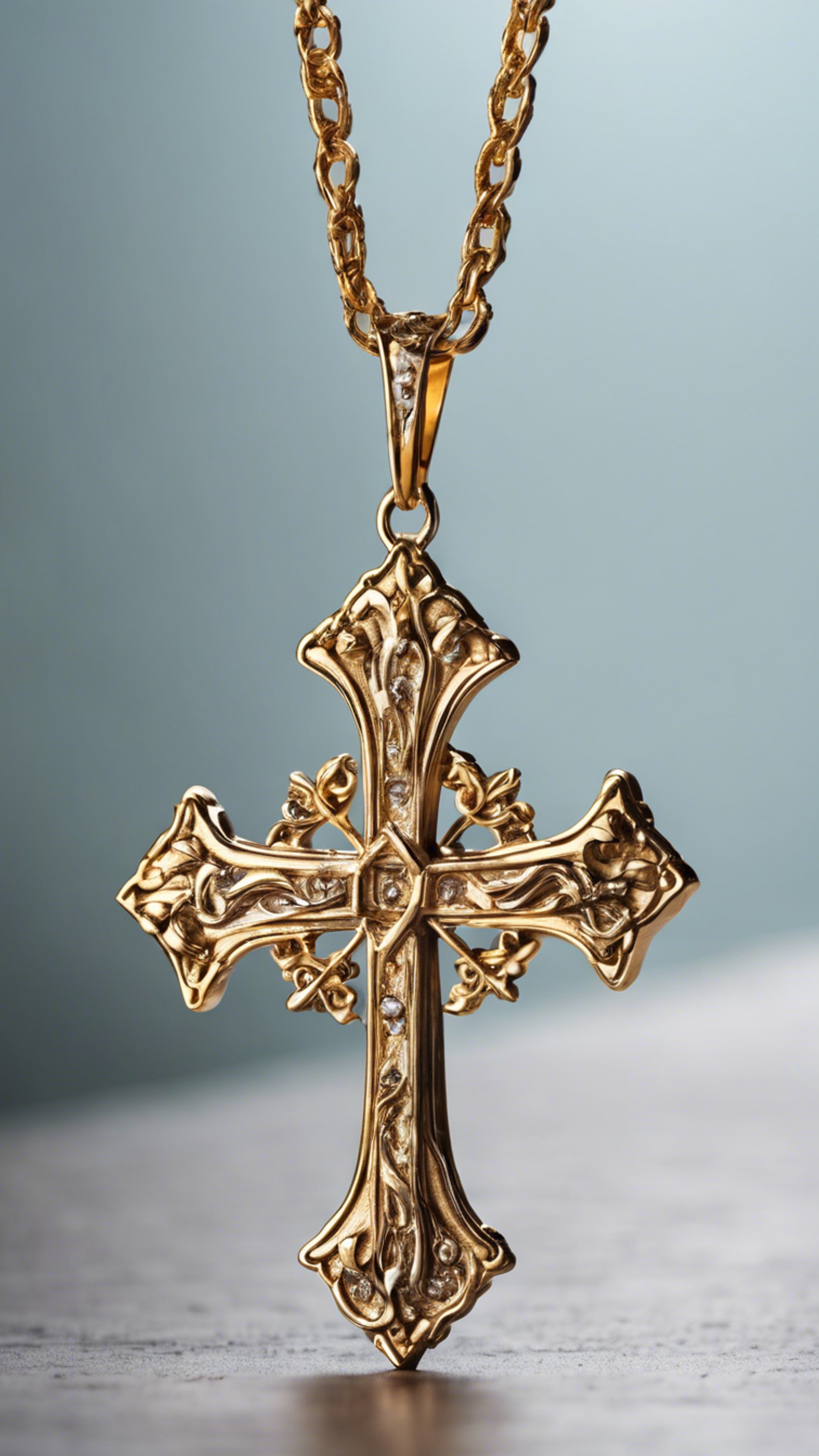 A cross pendant made of pure gold suspended by a strong chain.壁紙[e5be87803f6742a48291]