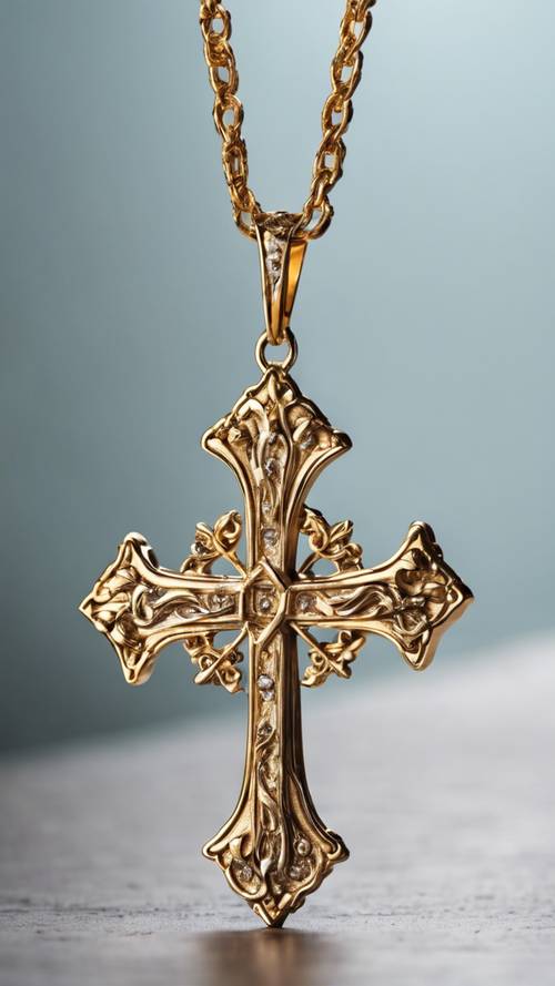 Um pingente de cruz feito de ouro puro suspenso por uma forte corrente.