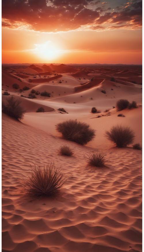 غروب الشمس المذهل فوق الصحراء، يعرض ألوانًا من اللون الأحمر والبني العميق.