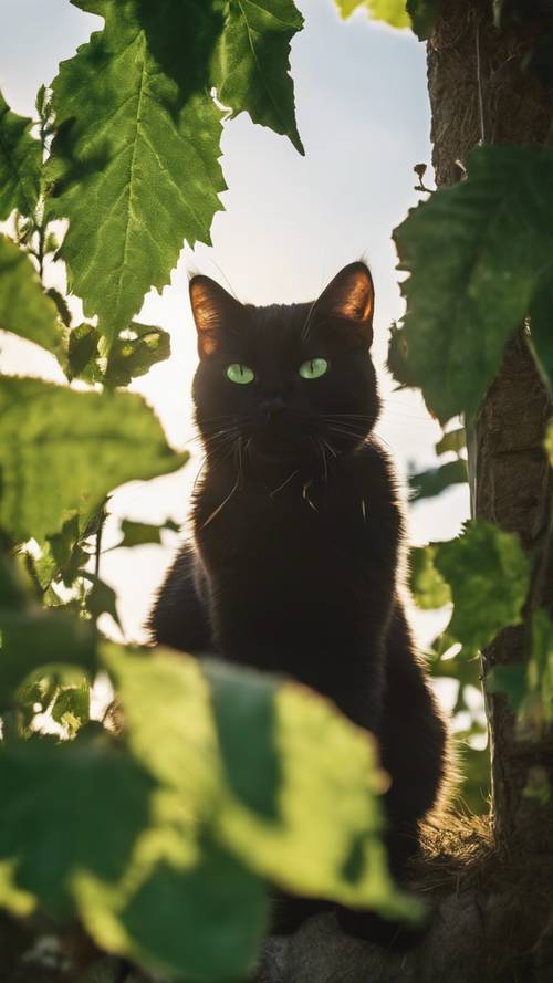 Kot zarysowany na tle słońca, spoglądający z ciekawością przez dziurę w zielonym liściu.