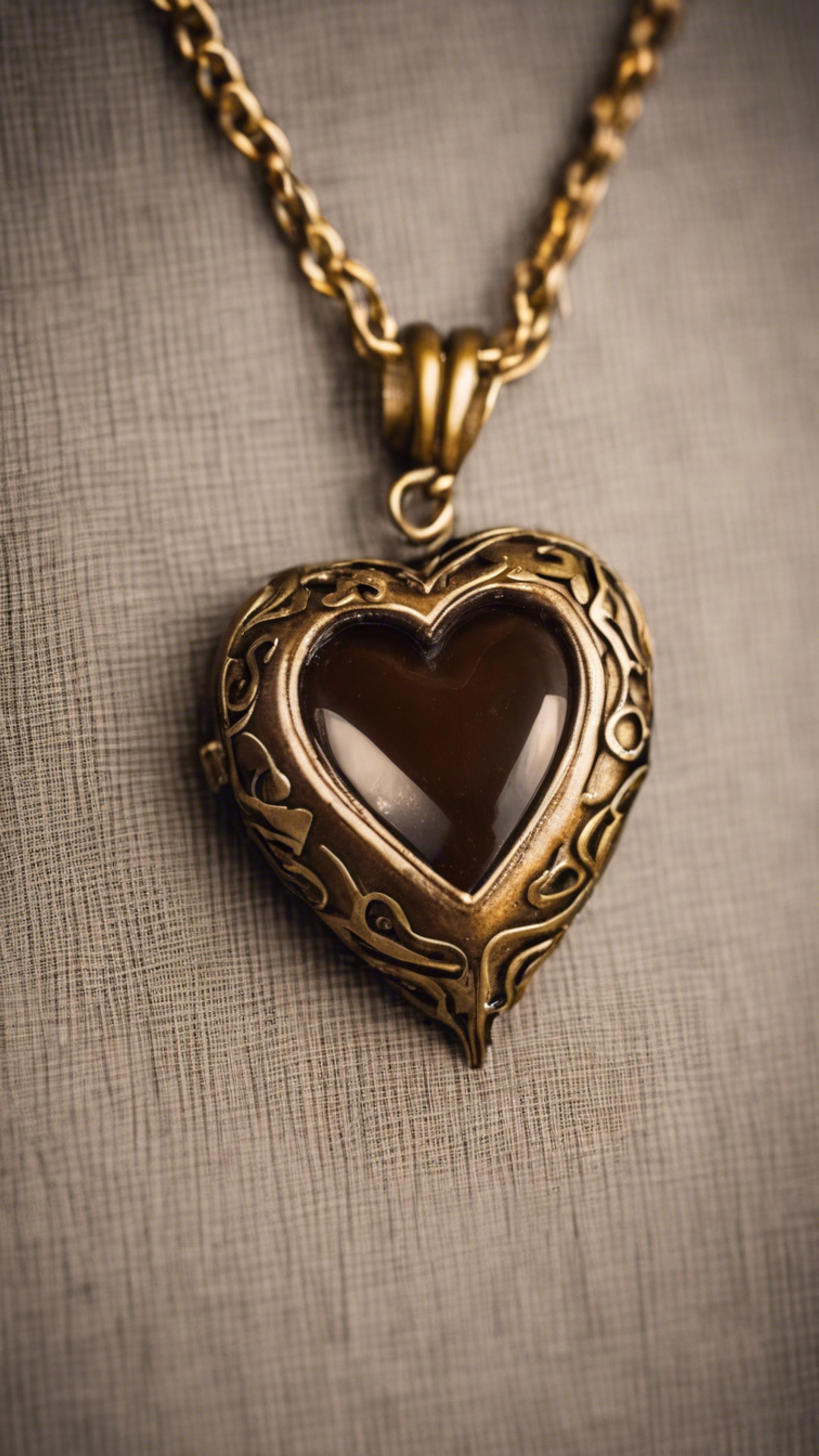 A shiny, brown, heart-shaped pendant on an antique gold chain.壁紙[3badafb810644137ab9f]