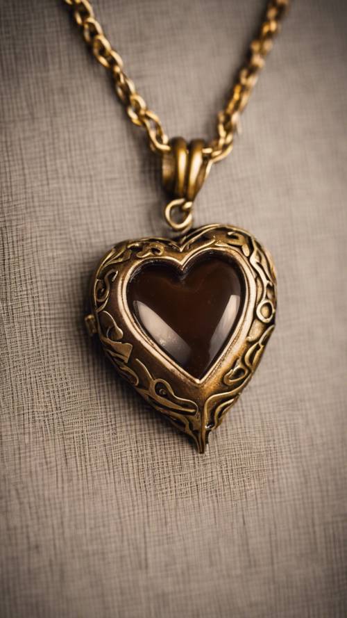 A shiny, brown, heart-shaped pendant on an antique gold chain.