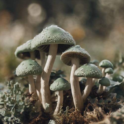 Eine Gruppe rauchiger, salbeigrüner Pilze, die an einem windigen Tag rhythmisch schwanken
