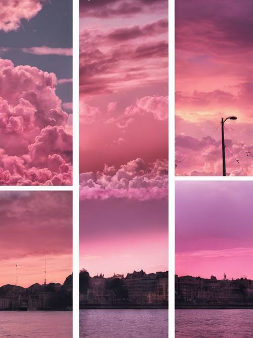 Eine Collage, die die Entwicklung des rosa Abendhimmels zeigt.
