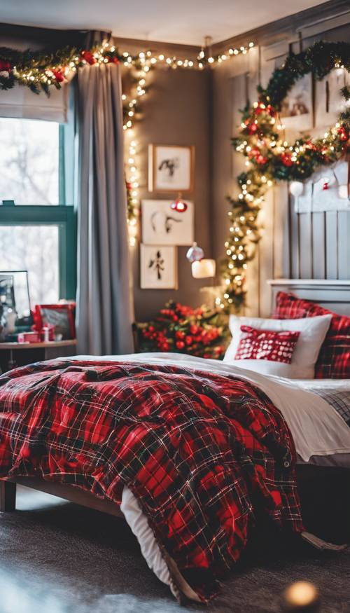 Quarto de Natal em estilo preppy com roupa de cama xadrez, enfeitado com azevinhos e luzes de fada.