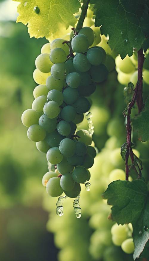一串串新鲜的、沾满露珠的绿葡萄紧紧攀附在多节的葡萄藤上。