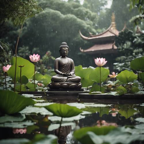 גן מדיטציה שליו מלא בצמחים ארומטיים, בריכת לוטוס ופסל בודהה, ממש אחרי גשם של בוקר.
