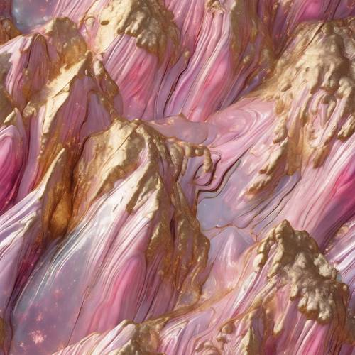 Un paisaje iridiscente que imita la estructura cristalina del mármol rosa y dorado.