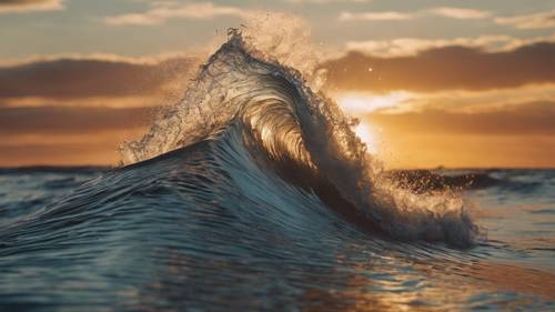 A crashed wave in the ocean at sunset time, aesthetic quotes appearing as silhouettes through the water.