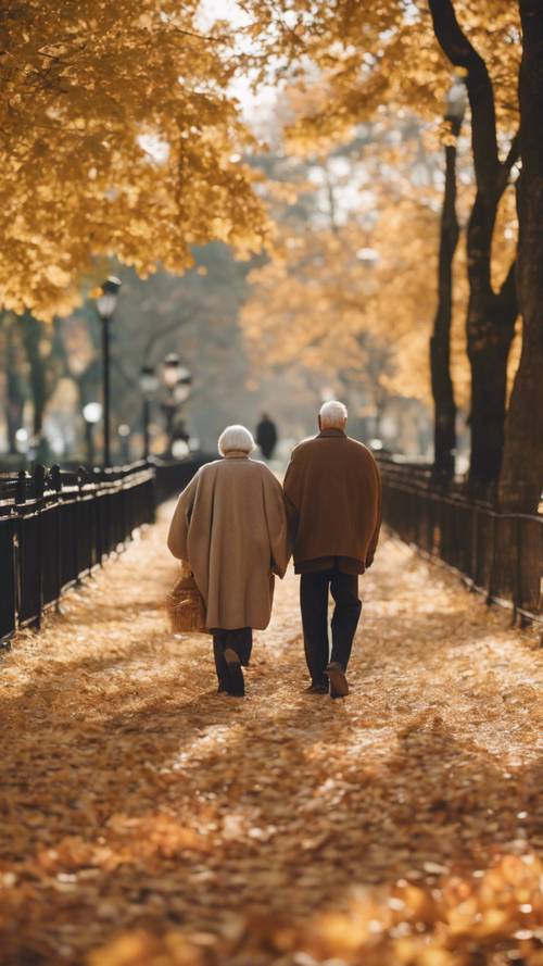 An elderly couple taking a peaceful walk in a park, covered in a blanket of fall leaves.