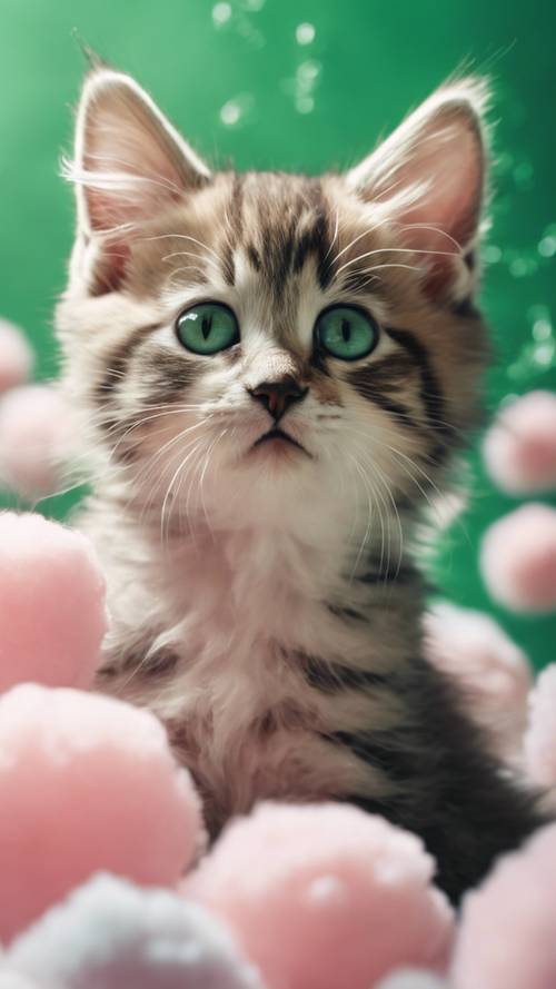 A youthful kitten entangled playfully in wispy strands of cotton candy on a serene green backdrop.