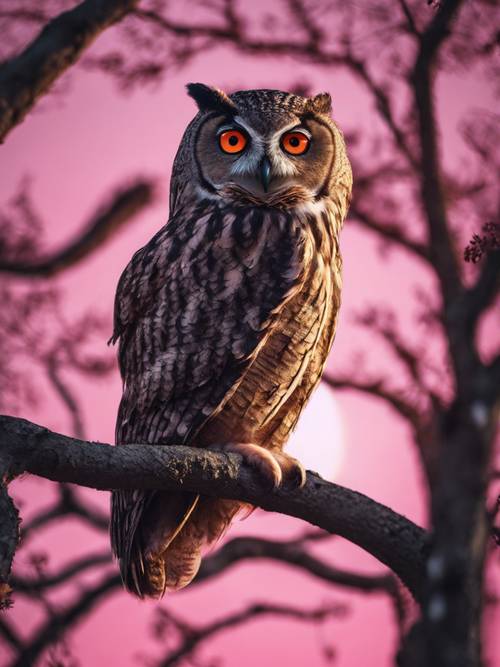 一幅超現實的圖像，一隻睜大眼睛的貓頭鷹棲息在樹枝上，背景是明亮的粉紅色月亮。