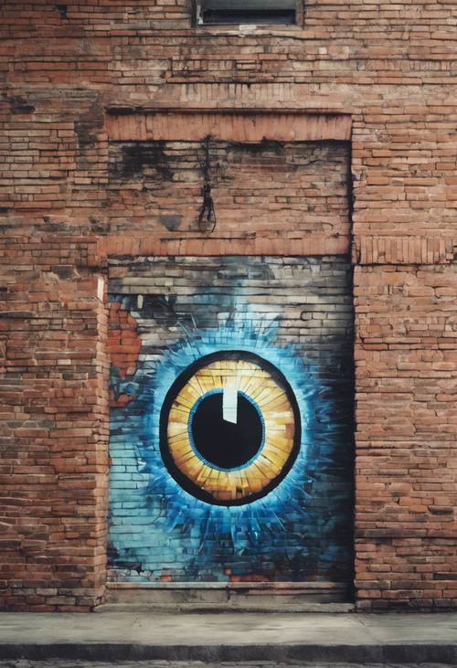 A panoramic view of a preppy town, with evil eye murals painted on the old brick walls.