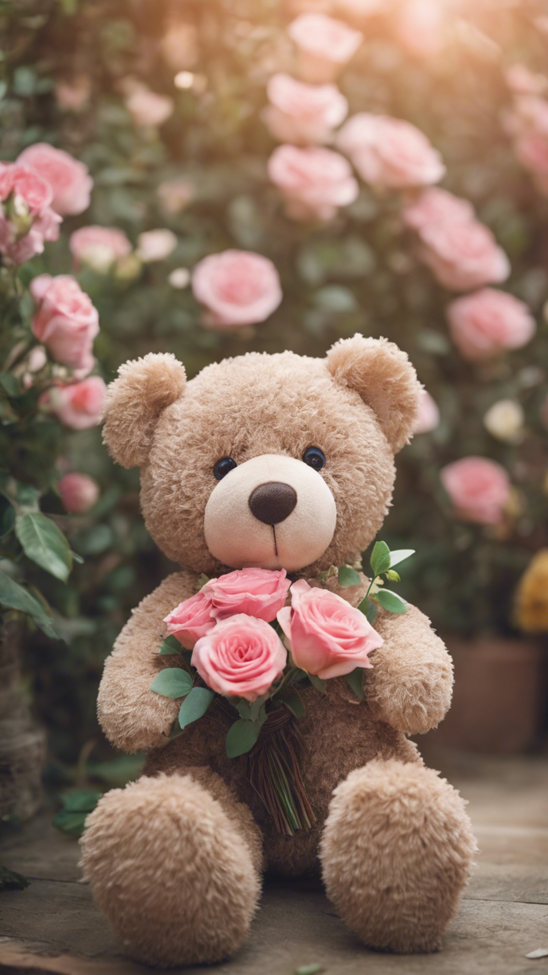 A teddy bear in a romantic setting, holding a bouquet of roses. Tapeta[0c0a94ba405548b0bff3]