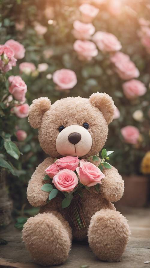 浪漫场景中的一只泰迪熊，手里拿着一束玫瑰花。