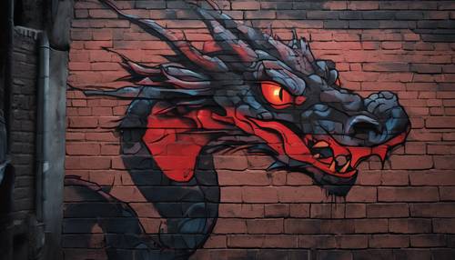 黑暗小巷的磚牆上有一幅塗鴉，上面畫著一條風格化的龍的圖像，它的眼睛發出紅光，彷彿它被午夜的陰影賦予了生命。