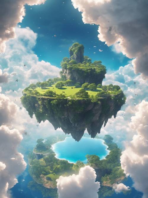 Una escena de ensueño imaginativa de islas flotantes, la formación de islas en las nubes revela una cita de anime.